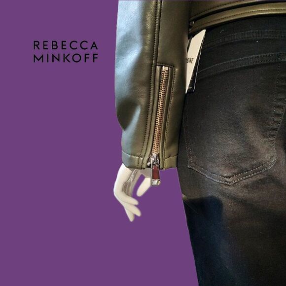 REBECCA MINKOFF NEW OLIVE Faux Leather Belted Waist Moto Jacket M - Picture 10 of 12